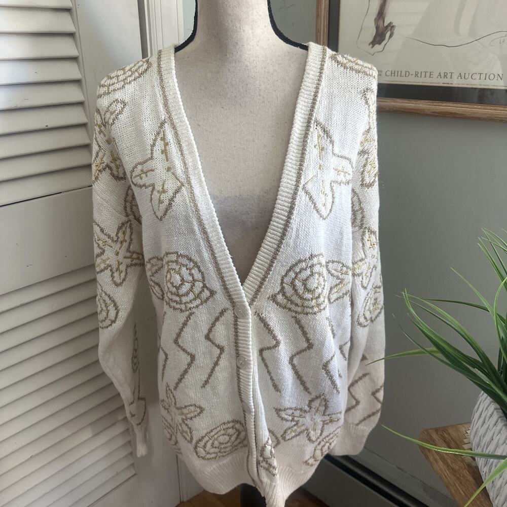 Vintage Cervelle Sweater Womens Medium Cream Gold Metallic Cardigan Retro 80s